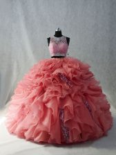 Captivating Watermelon Red Two Pieces Scoop Sleeveless Organza Floor Length Brush Train Zipper Beading Quinceanera Dresses
