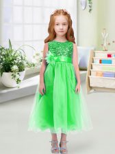 Hot Selling Green Sleeveless Sequins and Hand Made Flower Tea Length Toddler Flower Girl Dress