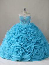 Cute Baby Blue Sleeveless Fabric With Rolling Flowers Brush Train Side Zipper Sweet 16 Dress for Sweet 16 and Quinceanera