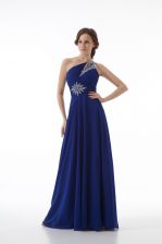 Unique Royal Blue Zipper One Shoulder Beading Prom Evening Gown Chiffon Sleeveless