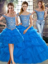 Superior Blue Sleeveless Tulle Brush Train Lace Up 15th Birthday Dress for Military Ball and Sweet 16 and Quinceanera