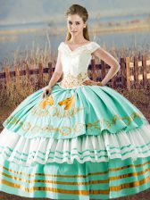 Customized Sleeveless Satin Floor Length Lace Up Quinceanera Dresses in Aqua Blue with Beading and Ruffled Layers