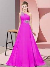  Fuchsia Sleeveless Floor Length Beading and Ruching Lace Up Evening Dress