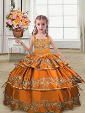  Orange Little Girl Pageant Gowns Wedding Party with Embroidery and Ruffled Layers Straps Sleeveless Lace Up