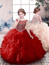  Floor Length Zipper Little Girl Pageant Gowns Red for Party and Sweet 16 and Wedding Party with Beading and Ruffles