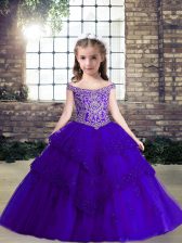 High End Floor Length Purple Pageant Dress for Girls Off The Shoulder Sleeveless Lace Up