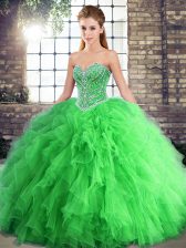  Floor Length Lace Up Quince Ball Gowns Green for Military Ball and Sweet 16 and Quinceanera with Beading and Ruffles