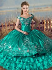 Edgy Turquoise Quinceanera Dress Sweet 16 and Quinceanera with Embroidery and Ruffled Layers Off The Shoulder Sleeveless Lace Up
