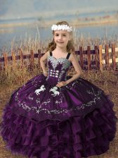  Dark Purple Organza Lace Up Pageant Dress for Womens Sleeveless Floor Length Embroidery and Ruffled Layers