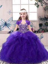  Purple Tulle Lace Up Straps Sleeveless Floor Length Little Girl Pageant Gowns Beading