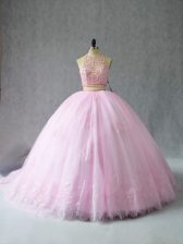 Flirting Baby Pink Zipper Sweet 16 Dresses Beading and Appliques Sleeveless Court Train