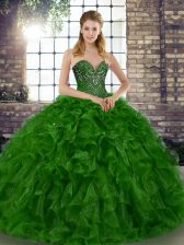 Romantic Green Lace Up Sweetheart Beading and Ruffles Sweet 16 Dresses Organza Sleeveless