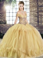 Free and Easy Gold Quinceanera Gown Military Ball and Sweet 16 and Quinceanera with Beading and Ruffles Off The Shoulder Sleeveless Lace Up