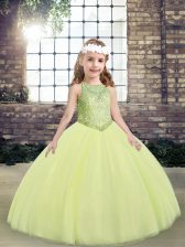  Light Yellow Tulle Lace Up Scoop Sleeveless Floor Length Little Girls Pageant Gowns Beading