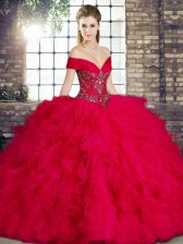 Pretty Off The Shoulder Sleeveless Quinceanera Dresses Floor Length Beading and Ruffles Red Tulle