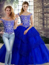  Royal Blue Off The Shoulder Lace Up Beading and Lace Quinceanera Gown Brush Train Sleeveless