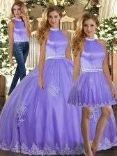  Lavender Tulle Backless Halter Top Sleeveless Floor Length Quinceanera Gowns Appliques