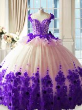  Zipper Sweet 16 Dresses White And Purple for Sweet 16 and Quinceanera with Hand Made Flower Brush Train