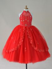 Stunning High-neck Sleeveless Glitz Pageant Dress Floor Length Beading and Appliques Red Tulle