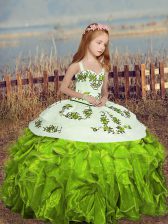  Floor Length Yellow Green Pageant Dress Organza Sleeveless Embroidery and Ruffles