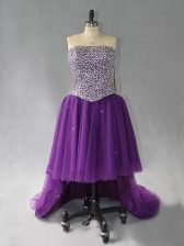 Fitting Purple Tulle Lace Up Strapless Sleeveless High Low Homecoming Dress Beading