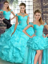 Suitable Sleeveless Floor Length Beading and Ruffles Lace Up Ball Gown Prom Dress with Aqua Blue