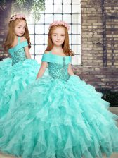  Straps Sleeveless Little Girl Pageant Dress Floor Length Beading and Ruffles Aqua Blue Organza