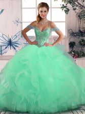  Floor Length Lace Up Vestidos de Quinceanera Apple Green for Sweet 16 and Quinceanera with Beading and Ruffles