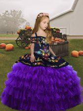 Unique Purple Ball Gowns Organza Straps Sleeveless Embroidery Floor Length Kids Formal Wear
