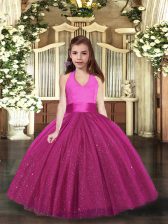  Halter Top Sleeveless Child Pageant Dress Floor Length Ruching Fuchsia Tulle