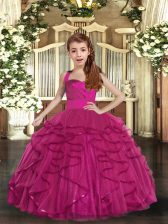 Best Floor Length Fuchsia Little Girl Pageant Gowns Straps Sleeveless Lace Up