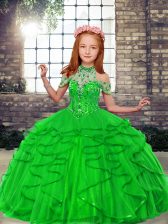  Tulle High-neck Sleeveless Lace Up Beading and Ruffles Little Girls Pageant Dress in 