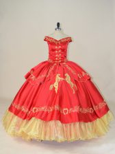 Dynamic Red Ball Gowns Off The Shoulder Sleeveless Satin and Organza Floor Length Lace Up Embroidery 15th Birthday Dress