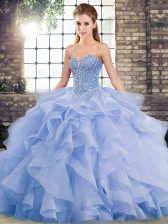 Ideal Sweetheart Sleeveless Tulle Vestidos de Quinceanera Beading and Ruffles Brush Train Lace Up