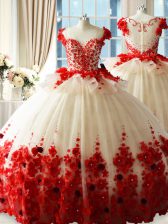  Brush Train Ball Gowns Quinceanera Gown White And Red Scoop Tulle Sleeveless Zipper