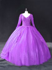 Beautiful Floor Length Lace Up 15th Birthday Dress Purple for Sweet 16 and Quinceanera with Lace and Appliques