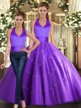 Designer Purple Ball Gowns Beading Ball Gown Prom Dress Lace Up Tulle Sleeveless Floor Length
