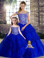 Unique Royal Blue Sleeveless Tulle Brush Train Lace Up Sweet 16 Quinceanera Dress for Military Ball and Sweet 16 and Quinceanera