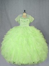  Yellow Green Ball Gowns Organza Sweetheart Sleeveless Beading and Ruffles Floor Length Lace Up 15th Birthday Dress