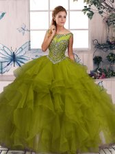 Enchanting Floor Length Olive Green Ball Gown Prom Dress Organza Sleeveless Beading and Ruffles