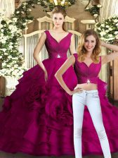 Sexy Fuchsia Two Pieces V-neck Sleeveless Organza Floor Length Backless Beading and Ruffles Quinceanera Dresses