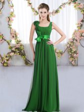  Floor Length Dark Green Quinceanera Court Dresses Chiffon Sleeveless Belt and Hand Made Flower