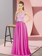 Great V-neck Sleeveless Homecoming Dress Beading and Lace Hot Pink Chiffon