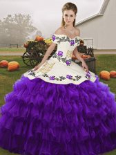 Amazing Floor Length Lace Up Quinceanera Gowns White And Purple for Military Ball and Sweet 16 and Quinceanera with Embroidery and Ruffled Layers