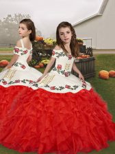 Excellent Red Lace Up Straps Embroidery and Ruffles High School Pageant Dress Organza Sleeveless