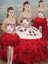 Popular White And Red Ball Gowns Organza Sweetheart Sleeveless Embroidery and Ruffles and Bowknot Floor Length Lace Up Quinceanera Gown