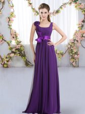 Vintage Straps Sleeveless Dama Dress for Quinceanera Floor Length Belt and Hand Made Flower Purple Chiffon