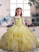  Yellow Sleeveless Beading and Ruffles Floor Length Little Girls Pageant Gowns