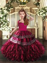 Exquisite Sleeveless Organza Floor Length Lace Up Little Girls Pageant Dress in Hot Pink and Fuchsia with Appliques and Ruffles