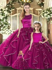 Suitable Fuchsia 15th Birthday Dress Military Ball and Sweet 16 and Quinceanera with Ruffles Scoop Sleeveless Lace Up